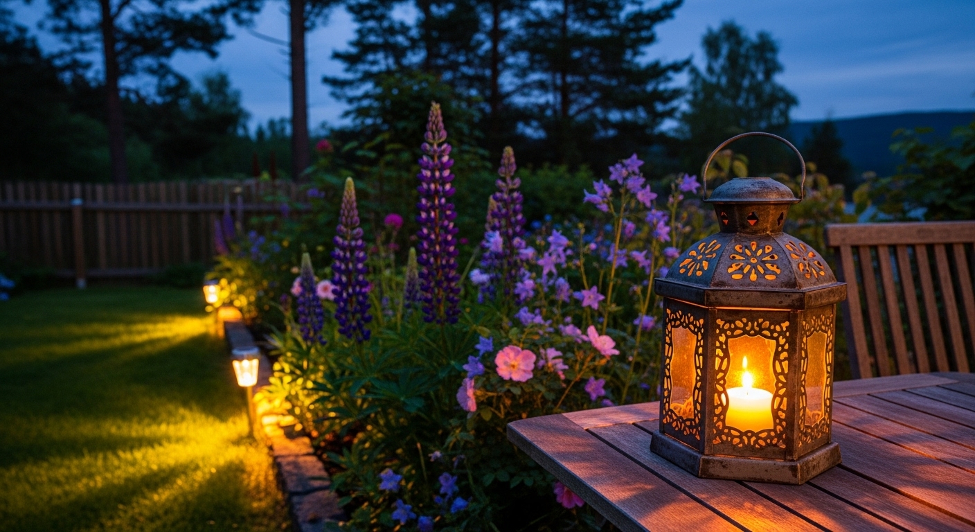 En lyslenke som henger i et tre og lyser opp uteplassen